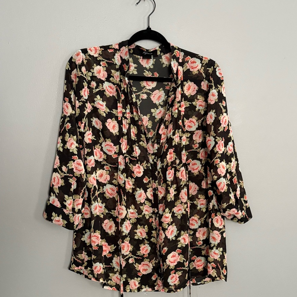 Floral Tie-Front Blouse - Black with Pink Rose Print